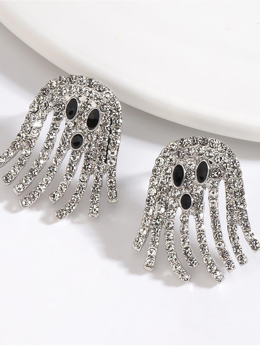 Crystal Ghost Drop Earrings - Silver with Black Accents